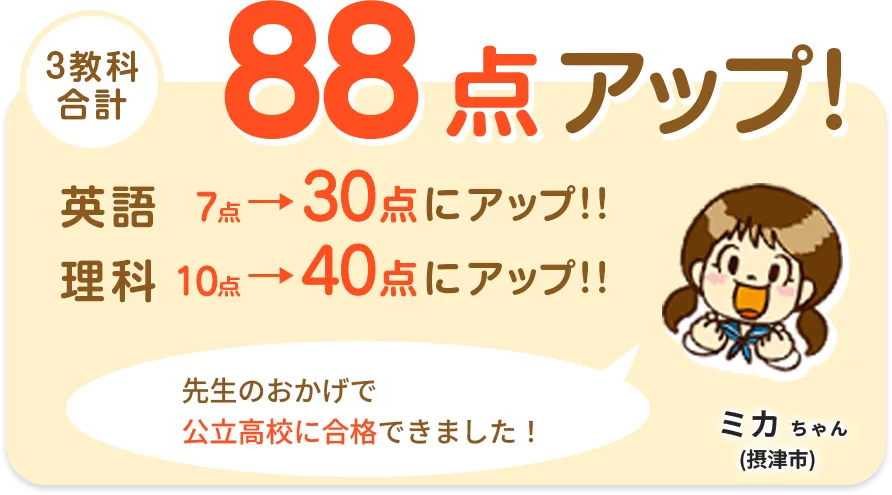 ミカちゃんは2教科合計88点アップ！